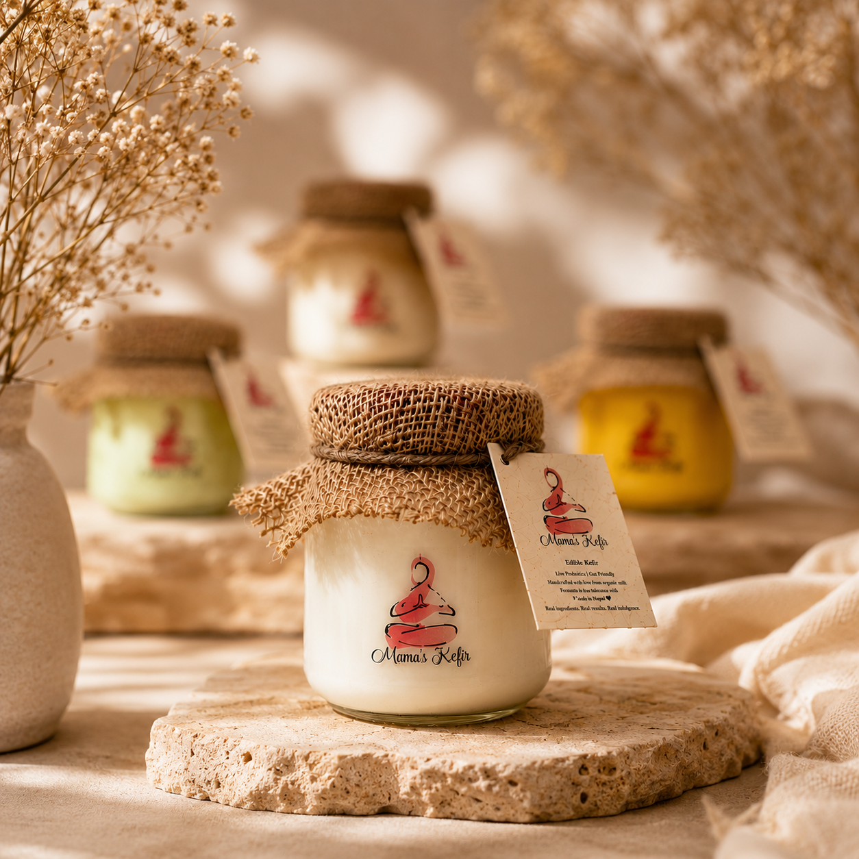 Close-up of the Edible Kefir jar with its Mama's Kefir logo tag