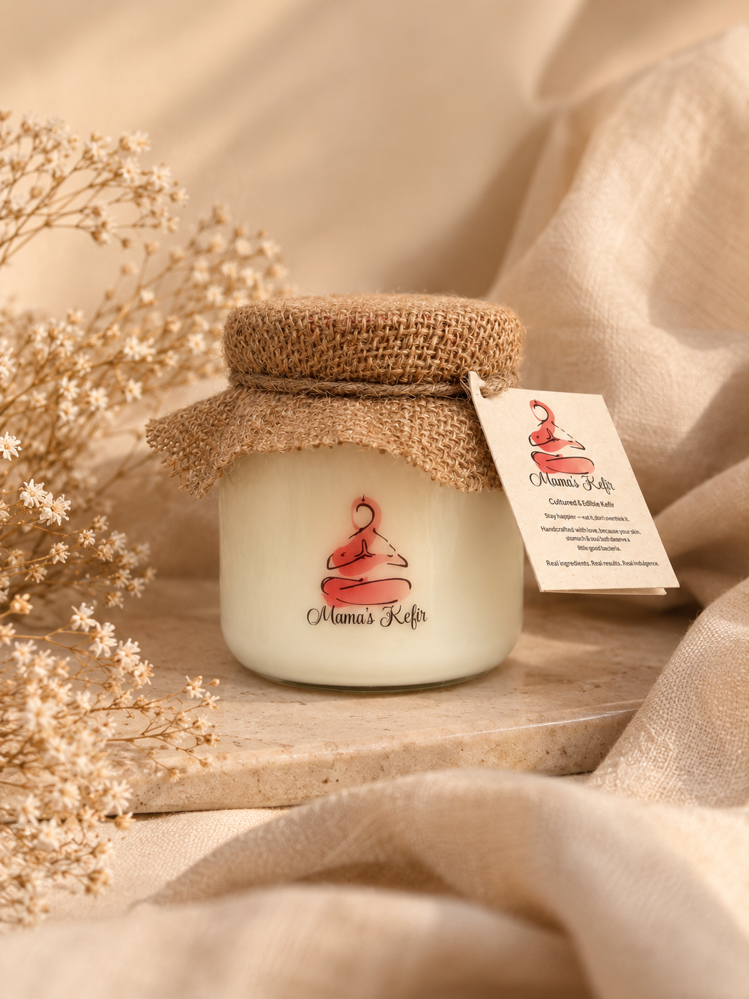 Mama's Kefir edible kefir jar with hessian lid and kraft tag, styled on soft linen with dried blooms