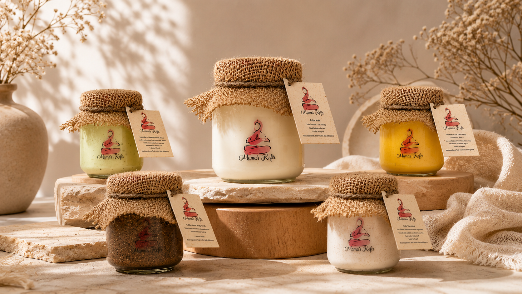 The complete Mama's Kefir range of five handcrafted jars styled on stone and wood
