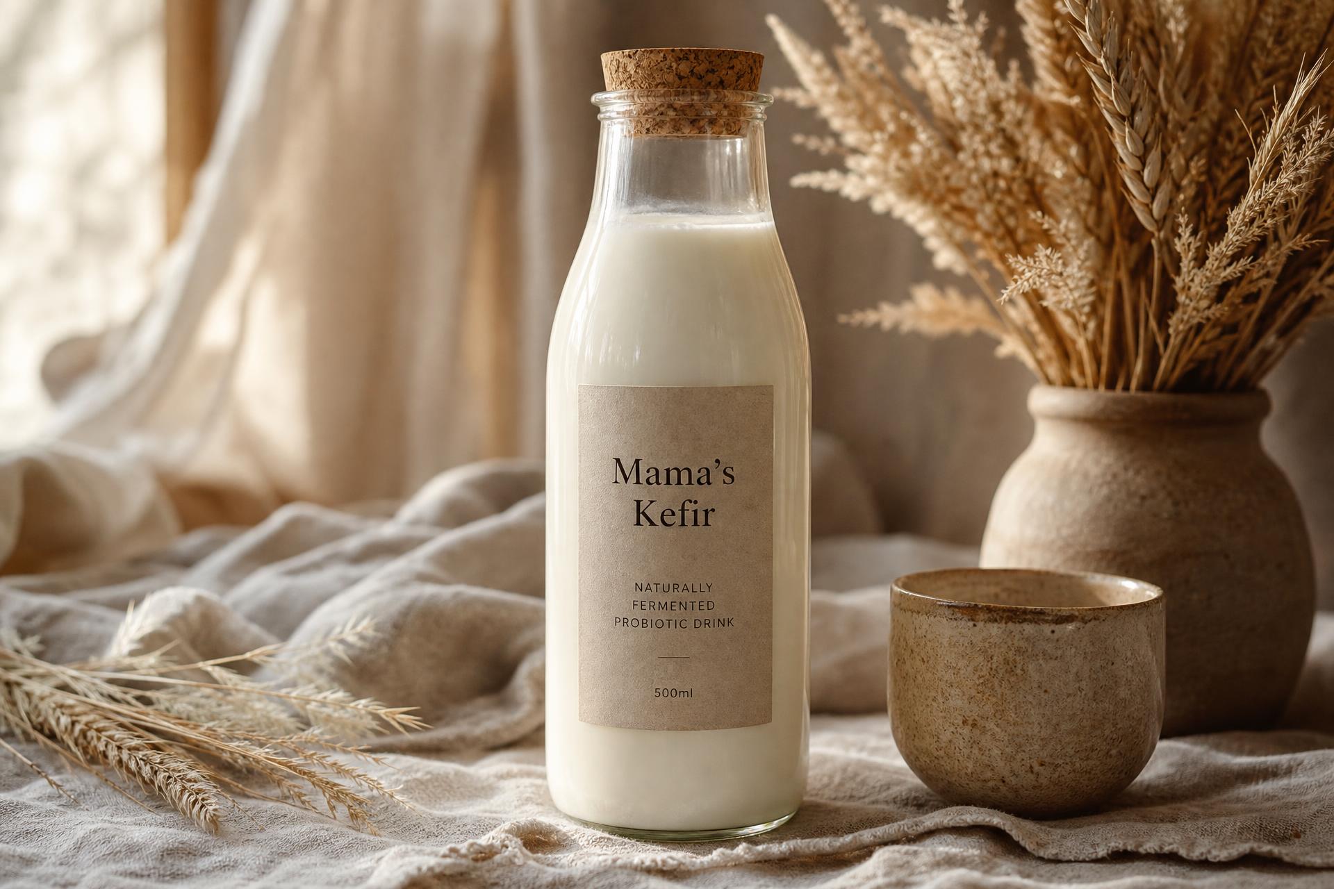 Handcrafted kefir bottle in warm morning light