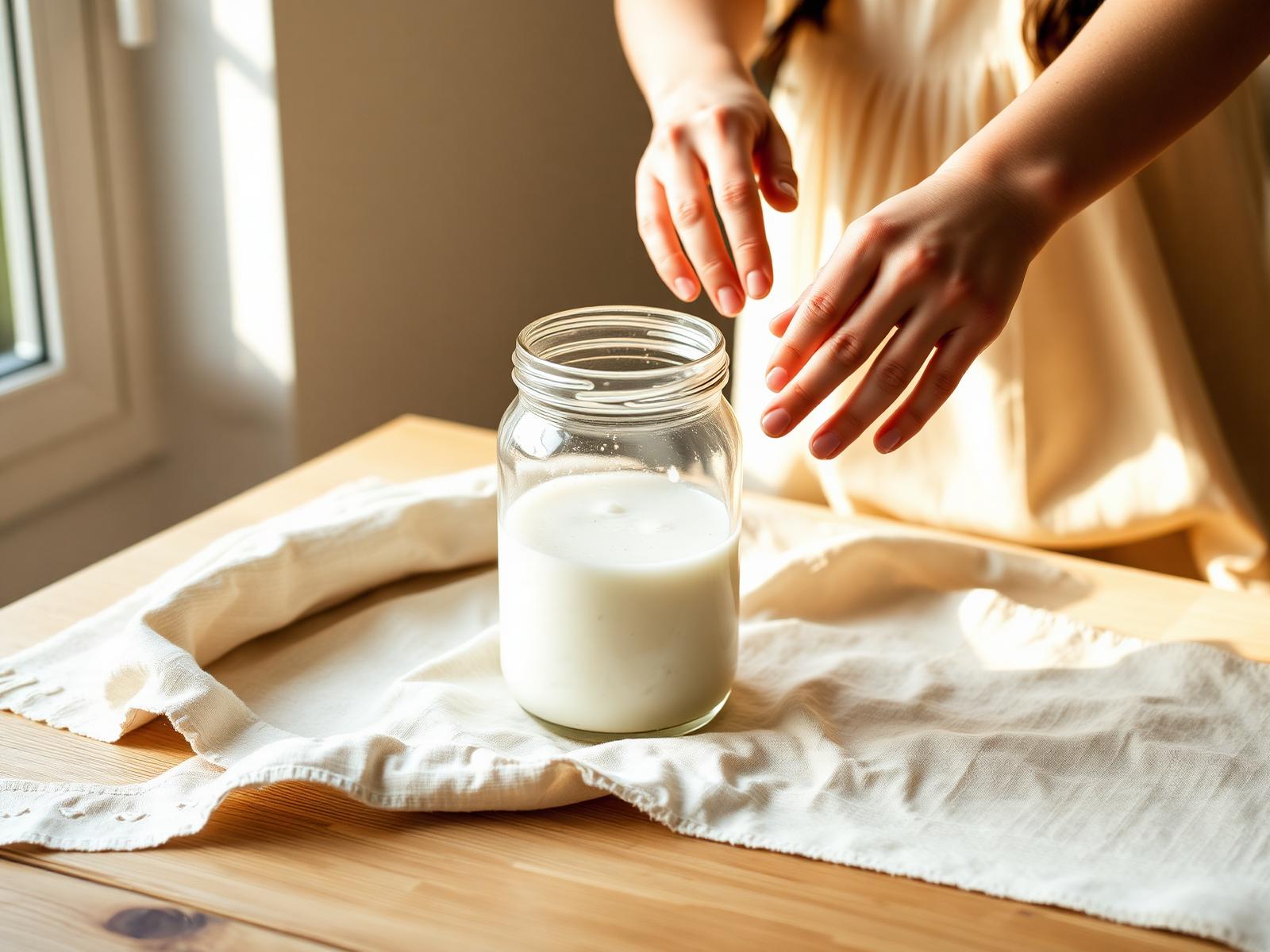 Hands tending to a jar of fermenting kefir